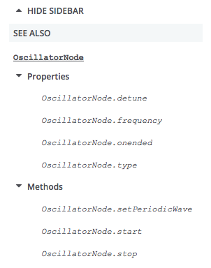 Cette capture d'écran montre un menu de navigation vertical pour l'interface OscillatorNode, avec plusieurs sous-listes pour les méthodes et les propriétés, tel que généré par la macro APIRef