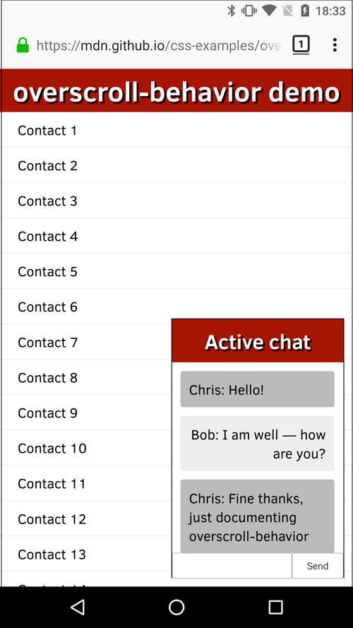 Une fenêtre de discussion contextuelle intitulée 'Active chat', montrant une conversation entre Chris et Bob. Derrière la fenêtre de discussion se trouve une liste de contacts intitulée 'overscroll-behavior demo'.